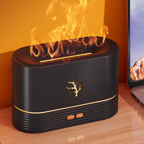 Luftbefeuchter mit bunter Flamme – Mini-Luftbefeuchter mit leiser Funktion und ätherischen Ölen für Zuhause und Büro, Schwarz
