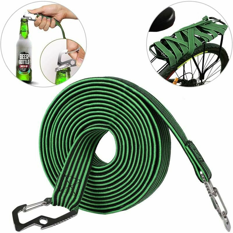 Hoopzi - Luggage elastic cord, universal elastic cord, durable with carbon steel hook, suitable for bicycles, electric cars 4 m, green