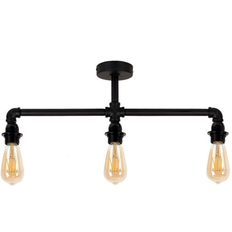 Luiggi Satin Black 3 Way Bar Pipework Ceiling Light Fitting - LED Filament Amber Tinted Bulbs In Warm White