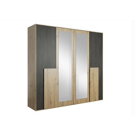 LUKKI - Grande armoire chambre à coucher - 203x200x65 cm - 2 miroirs - 10 étagères + 2 tringles Chêne&noir - Chêne&noir