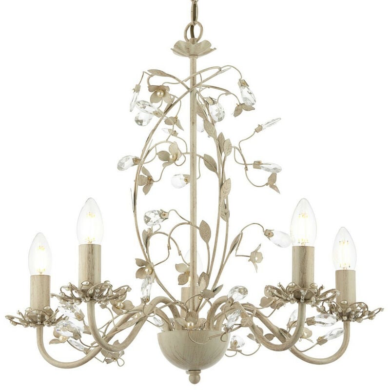 Lullaby - 5 Light Multi Arm Ceiling Pendant Flower Design Cream With Brushed Gold, Pearl Effect Acrylic, E14 - Endon