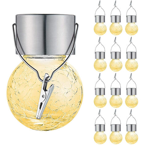 lumière blanche chaude 669cm-Lot de 12 lampes solaires d'extérieur à suspendre – Fonctionne à l'énergie solaire en forme de boule de verre craquelé étanche à l'eau avec poignée pour jardin, balcon, te