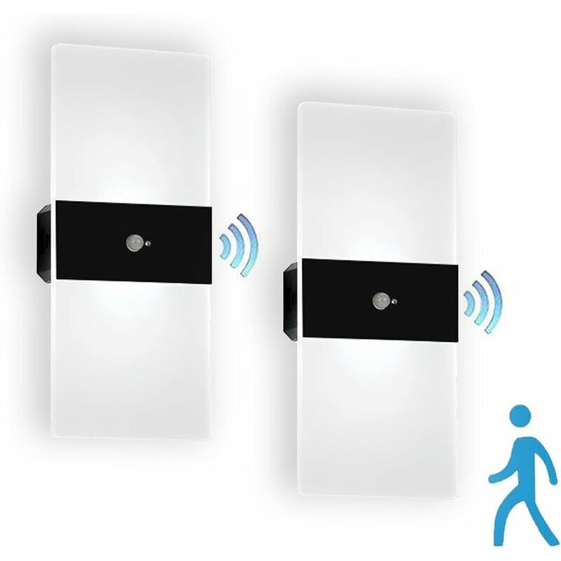 Lumière Blanche Noire - Applique Murale avec Détecteur de Mouvement Intérieur, Applique Murale à Piles Veilleuse usb Batterie Rechargeable Acrylique