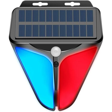 Lumière d'alarme stroboscopique solaire avec détecteur de mouvement 129 dB sirène de sécurité sonore IP65 étanche et 4 modes lumière bleue rouge pour Camp Farm Barn Yard Villa, 1pc, Ensoleillé
