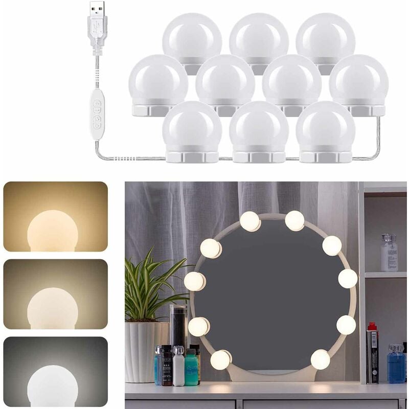 Lumière de Miroir 10 Ampoules Adhésif pour Coiffeuse Maquillage led Miroir Hollywood Dimmable Lampe Coiffeuse usb 3 Couleurs