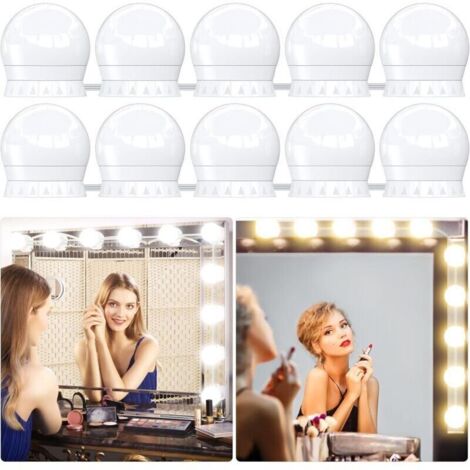 Lumière de Miroir, 10 Ampoules Hollywood Kit de Lumière LED, Câbles parfaitement Cachés, 3 Couleurs et 10 Intensités, Lumière USB