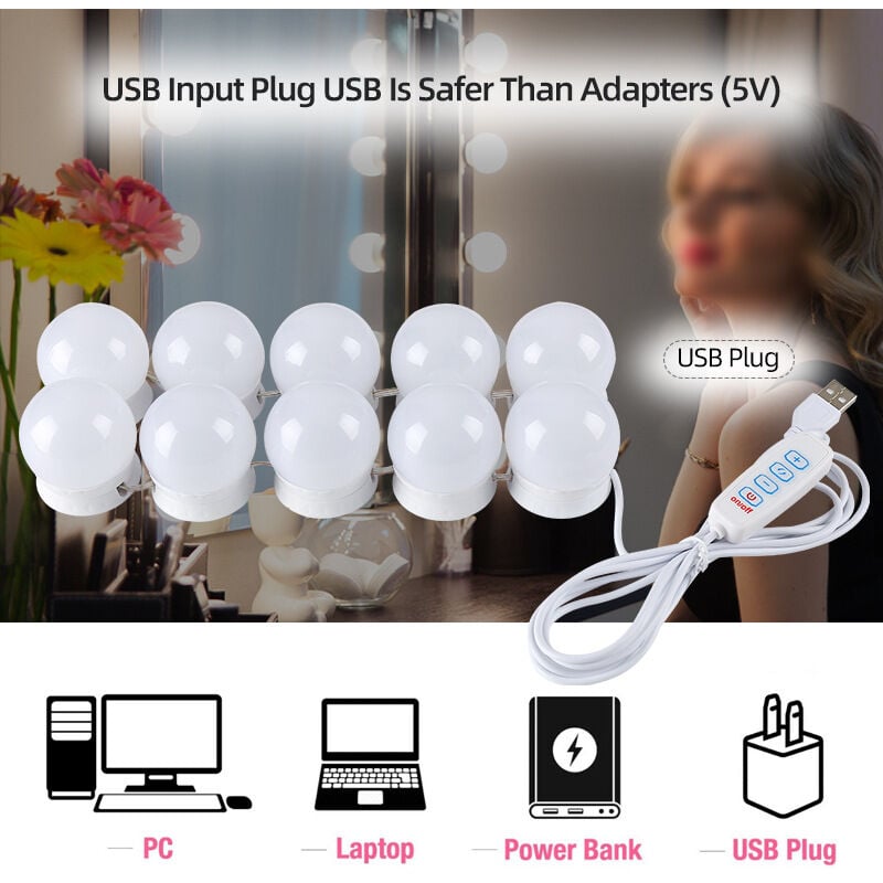 Csparkv - Lumière de Miroir, 10 Ampoules Hollywood Kit de Lumière led Dimmable Lampe pour Miroir Cosmétique Salle de Bain 3 Couleurs 10 Niveaux de