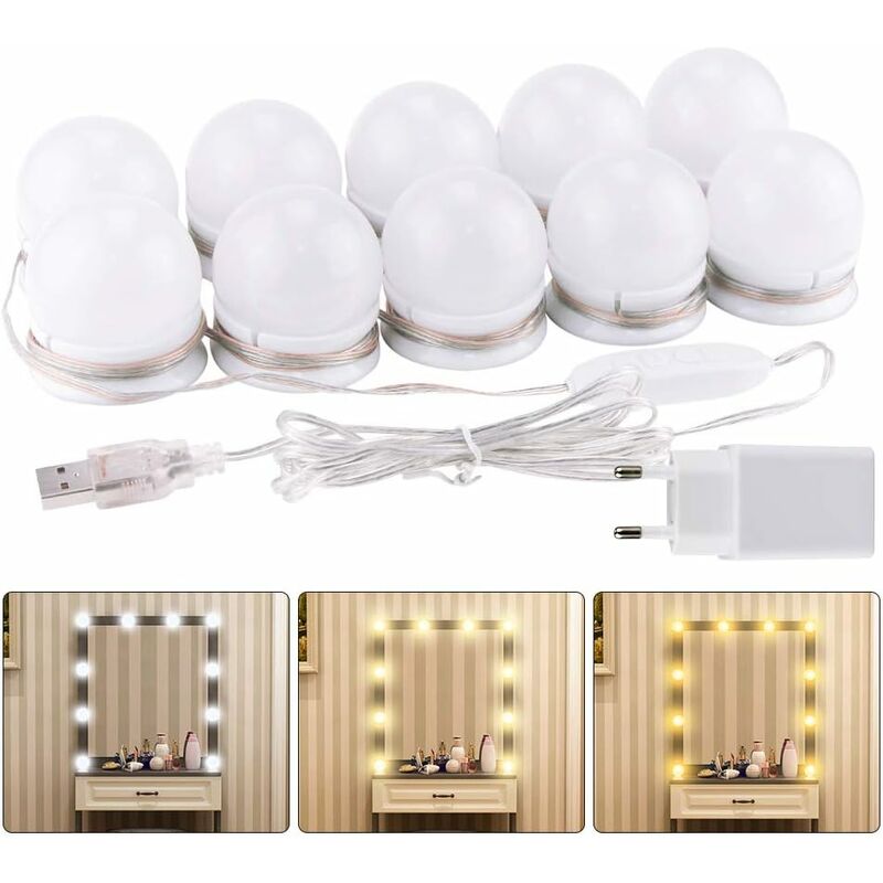 Lumière de Miroir, 10 Ampoules Hollywood Kit de Lumière led Dimmable Lampe pour Miroir Cosmétique Salle de Bain (Miroir Non Inclus) Fei Yu