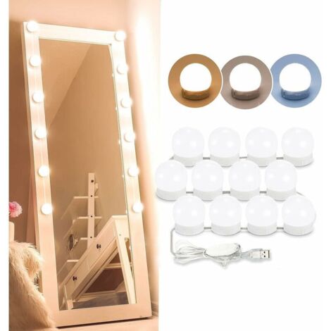 Lumière de Miroir, 12 Ampoules Hollywood Kit de Lumière LED Dimmable Lampe pour Miroir Cosmétique Salle de Bain 3 Couleurs 10 Niveaux de Luminosité avec Adaptateur (Miroir Non Inclus)