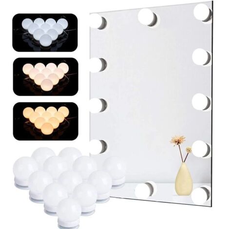 Lumière de Miroir, 12 Ampoules Hollywood Kit de Lumière LED Dimmable Lampe pour Miroir Cosmétique Salle de Bain 3 Couleurs 10 Niveaux de Luminosité avec Adaptateur (Miroir Non Inclus) [Classe énergéti
