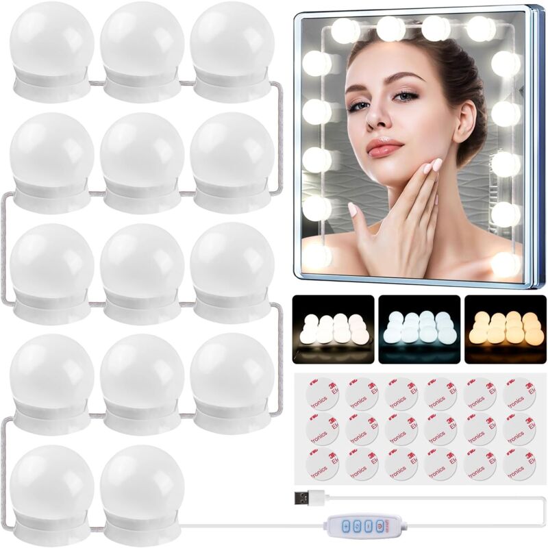 Lumière de Miroir, 14 Ampoules Kit de Lumière LED Dimmable Lampe, 10 Niveaux de Luminosité, 3 Modes de Couleur