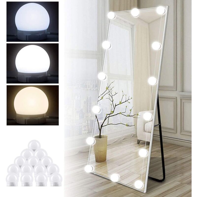Lumière de Miroir Kit de 14 Ampoules avec Adaptateur, USB Câble Réglable, 3 Couleurs et 10 Intensités, Miroir LED Hollywood Dimmable, Lampe Coiffeuse