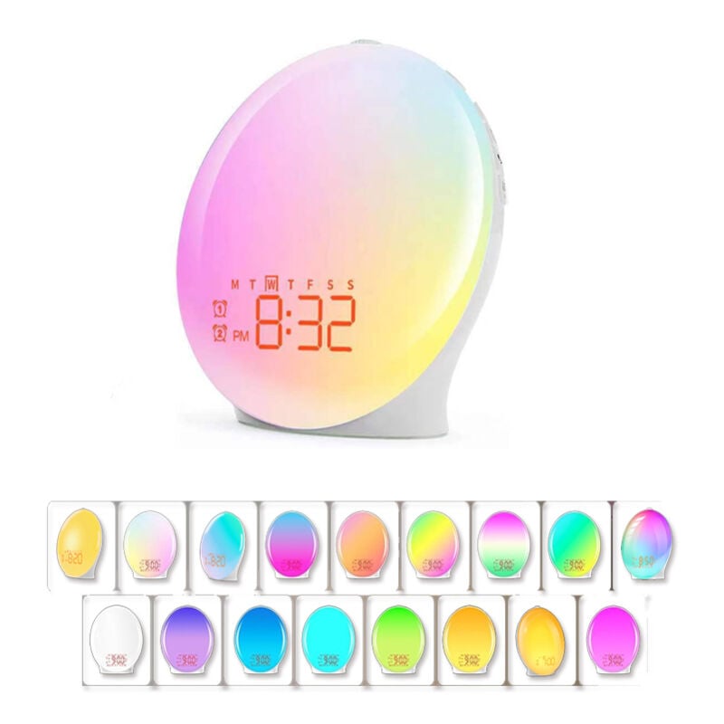 Lumière de réveil Radio led Réveil matinal lumineux Lampe de chevet 20 niveaux de luminosité Simulateur d'aube et de crépuscule Réveil 7 sons