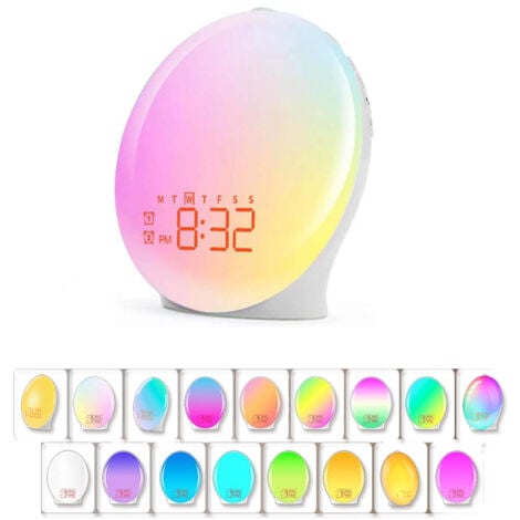 YOZHIQU Lumière de réveil Radio LED Réveil matinal lumineux Lampe de chevet 20 niveaux de luminosité Simulateur d'aube et de crépuscule Réveil 7 sons naturels Fonction Snooze Veilleuse pour enfants 11 couleur