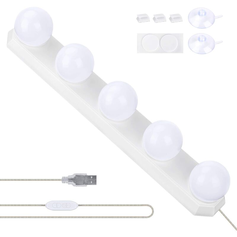 Lumiere Miroir pour Coiffeuse, USB Lampe Led pour Eclairage Miroir avec 5 Ampoules à LED 3 Modes de Couleur pour l'éclairage de Miroir de Coiffeuse