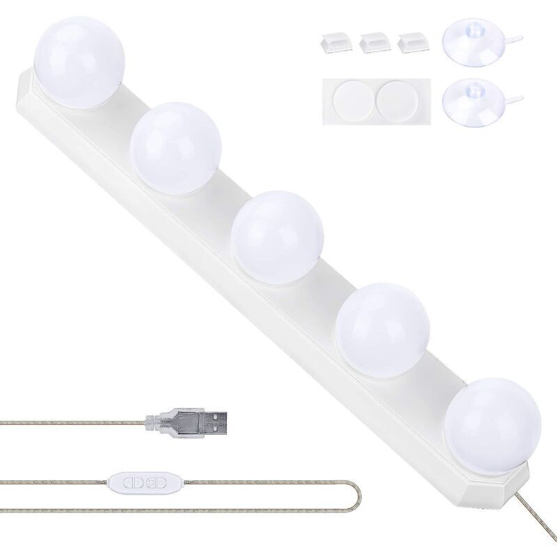 Lumiere Miroir pour Coiffeuse, USB Lampe Led pour Eclairage Miroir avec 5 Ampoules à LED 3 Modes de Couleur pour l'éclairage de Miroir de Coiffeuse