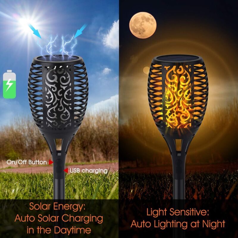 Lumière Solaire de Torche, lumière de Flamme de Scintillement de 96 led Allume Les allées de Jardin/Cour extérieure,(2 Pack)