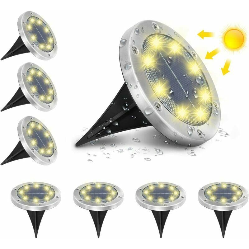 Lumière Solaire Extérieur Jardin Au Sol Extérieur 8 led 3000K Blanc Chaud Etanche IP65 Spot Solaire Extérieur Chemin Terrasse Cour Spots Solaires