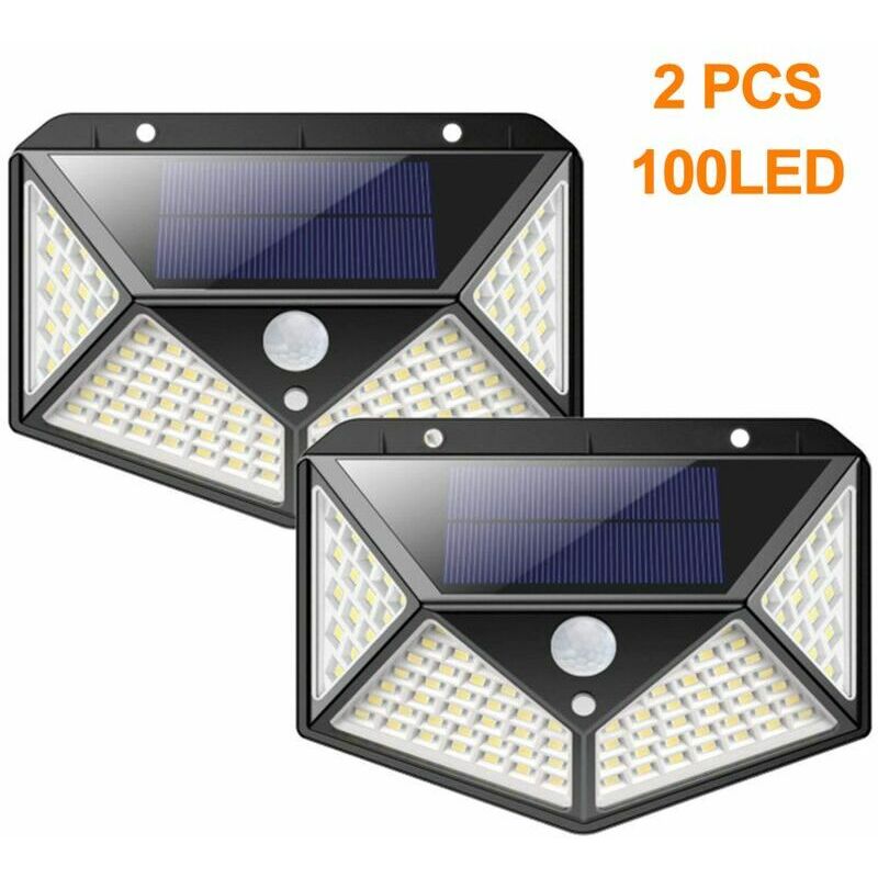 KZQ - Lumière Solaire Extérieure 100 led avec Détecteur de Mouvement à 270° - Applique Murale de Sécurité Solaire (Lot de 2) en Noir