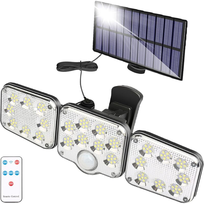ZVD - Lumière Solaire Extérieure avec Détecteur de Mouvement 130 led, 1300 Lumen, Câble de 5m, Télécommande, Étanche IP65