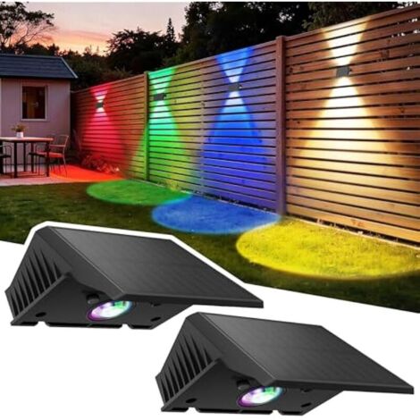 Lumière Solaire Extérieure Haut et Bas Lot de 2 LED Applique Murale Exterieur Blanc Chaud et RVB Éclairage Puissant 1000mAh Lampe Étanche IP67 pour Maison Jardin Terrasse