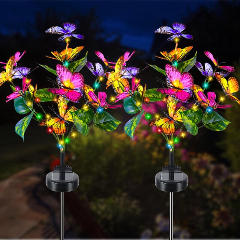 Lumière Solaire Jardin, 2 Pièces Fleur Papillon Lampe Solaire Extérieure 2 Modes Étanche Paysage Lampe Eclairage pour Chemins Lumière Décoration de