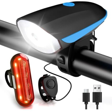 Lumiere Velo Avant et Arriere USB Rechargeable Lampe Velo LED Puissantes Eclairage Velo avec Buzzer Lumière Vélo Étanche IP65 Accessoires Velo pour Cyclysme VTT, VTC, Bicyclette, etc
