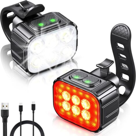 Lumiere Velo avec Spot et Faisceau d'Inondation, Rechargeable par USB Lampe Vélo LED Étanche IP65, 2 x 4 + 2 x 6 Modes de Luminosité Eclairage Velo Avant et Arrière pour Cyclysme VTT