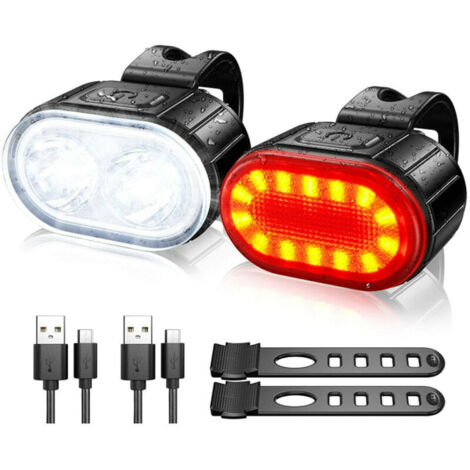 Lumiere Velo Ensemble, Eclairage Lampe Velo LED Puissant Kit Rechargeables par USB, 4/6 Modes Lumière Vélo Avant et Arriere Etanche IPX5 Nuit Lampe de Sécurité pour Cyclysme, VTT, VTC-,