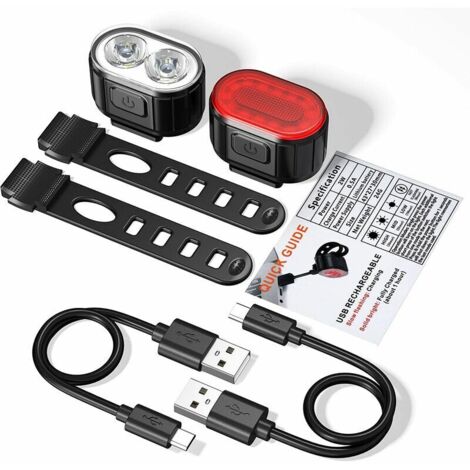 Lumiere Velo Ensemble, Eclairage Velo a LED Puissant Kit, Lampe Velo IPX5 Etanche Feux de Vélo Rechargeables par USB, Lumière Velo Route Avant et Arrière pour Hommes et Femmes Enfant 4/6 modes
