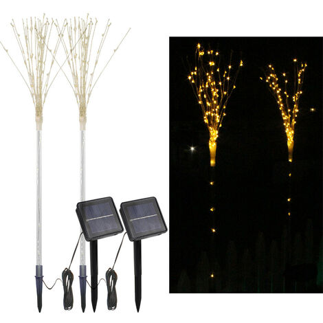 Lumières d'arbre de feux d'artifice solaires avec capteur de lumière 100-LED Forme de bricolage Lampe décorative de voie de lumière de jardin blanc chaud, paquet de 2
