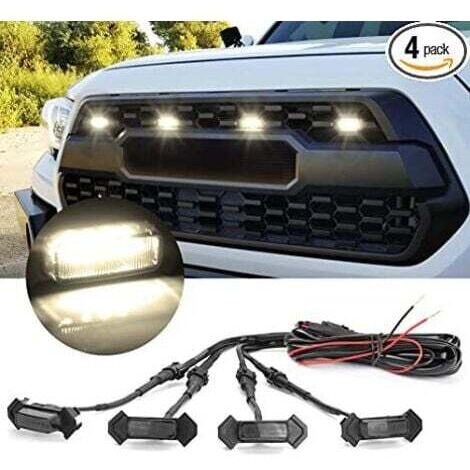 Lumières de calandre LED (4 pièces, coque noire avec lumière blanche chaude) avec faisceau et fusible pour calandre avant Toyota Tacoma TRD PRO 2016 2017 2018