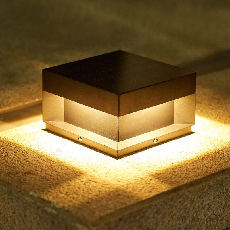 Lumières de Chapeau de Poteau solaire Lampe Exterieur lampadaire carré de jardin Noire 4 modes 3000k 30cm blanc chaud Acier inoxydable acrylique