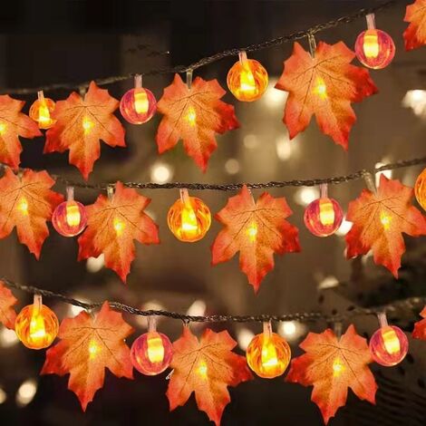 Lumières de citrouille et guirlande lumineuse d'automne agrandie en érable Halloween Citrouilles lumineuses, 10 pieds 20 LED étanches à piles décorations d'automne maison intérieur extérieur Thanksgiv