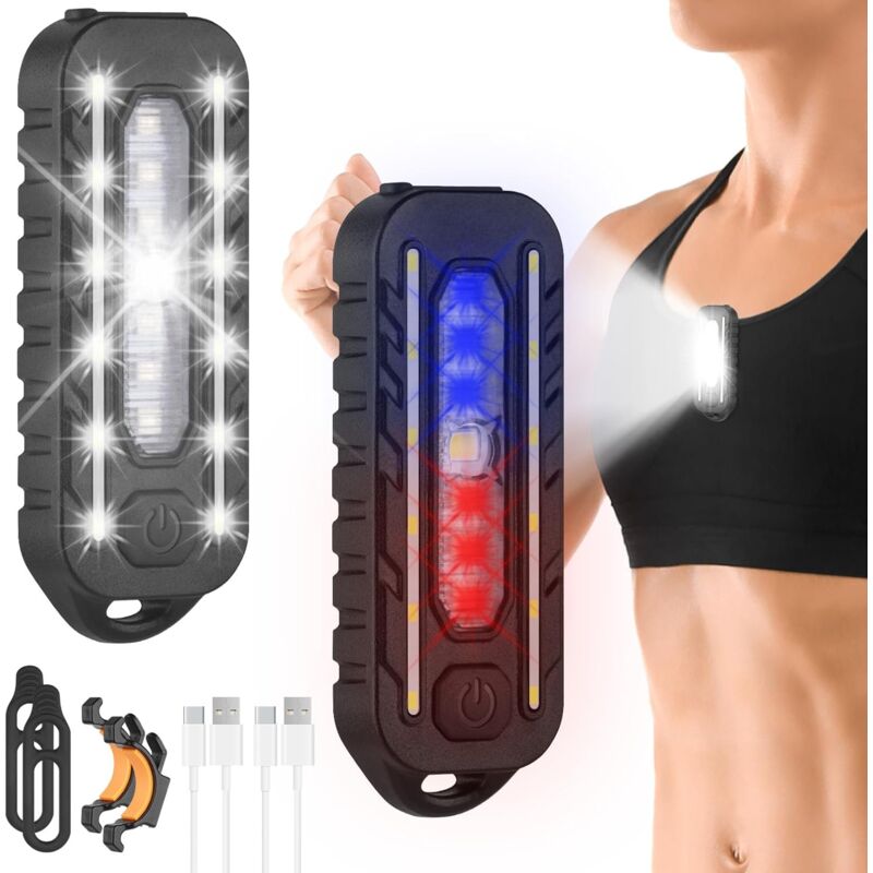 Lumières de Course à Clip, 2PCS 5 Modes d'éclairage Lampe à Clip led usb Rechargeable, 150LM IPX4 étanche Portable pour Coureurs, Jogging, Camping,