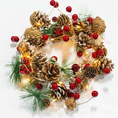 Lumières de Noël Lumières de décoration de Noël,baies rouges,pommes de pin,guirlande de baies Décoration Guirlande de Noël avec des pommes de pin de Noël à piles LED Guirlande lumineuse (colorée)