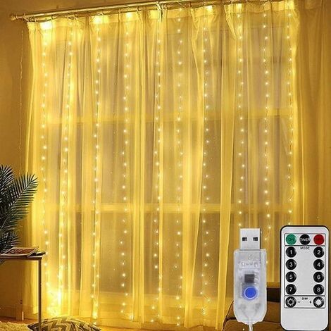 lumières de rideau LED,Ruban LED, Lumière décorative LED, 3x3m 300 lumières (Blanc Chaud), télécommande, 8 modes, décoration de Noël avec crochets, KINSI