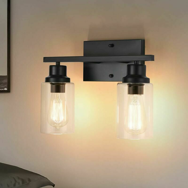 Lumières de vanité noires pour salle de bain, luminaires muraux vintage industriels noirs avec abat-jour en verre transparent (2 lumières)