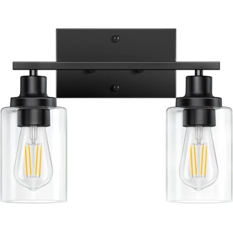 Lumières de vanité noires pour salle de bain, luminaires muraux vintage industriels noirs avec abat-jour en verre transparent (2 lumières)