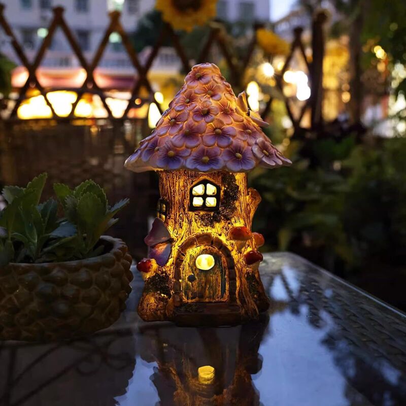 Lumières décoratives pour figurines d'extérieur Fairy Garden House, maisons de fées pour l'extérieur, statues de jardin Mushroom House, pour
