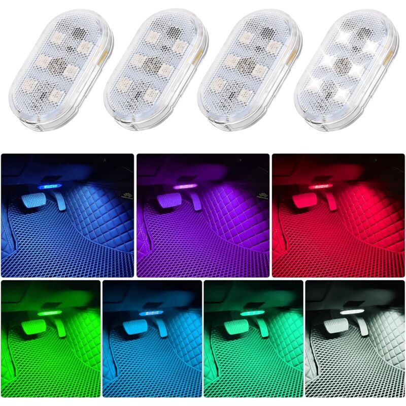 Lumières LED tactiles sans fil - Lot de 4, 7 couleurs, éclairage d'ambiance intérieur de voiture, rechargeable par USB, portable avec 6 LED pour