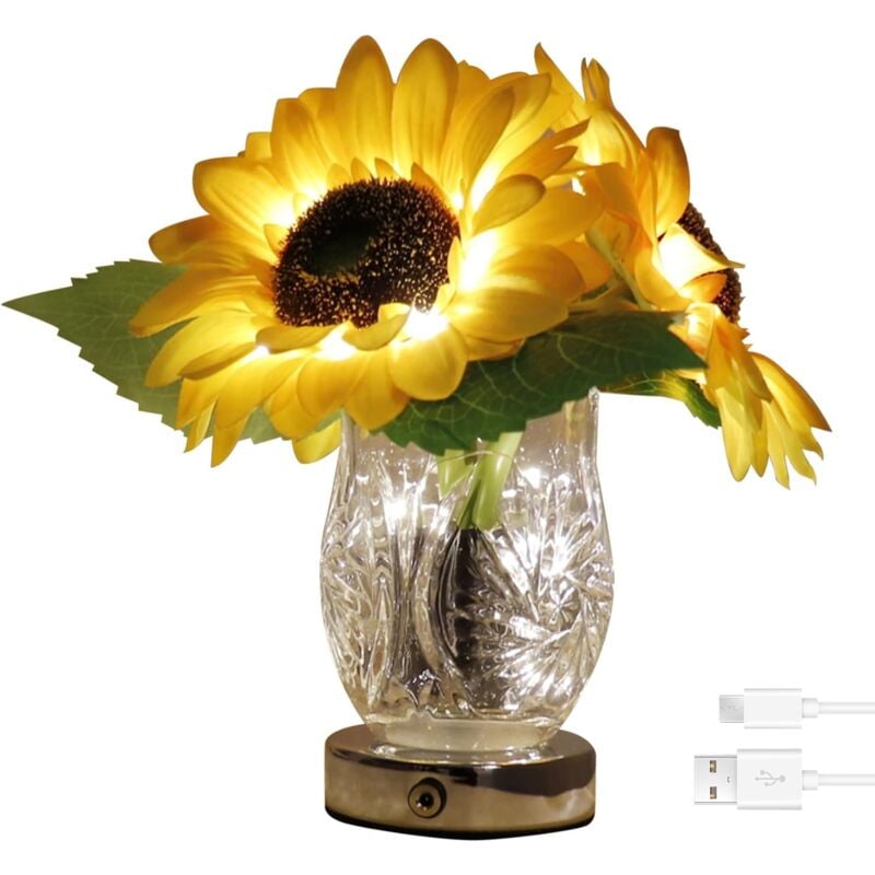Crea - Lumières nocturnes, lampes de table, lampe de tournesol Petite lampe de chevet de tournesol artificiel avec vase en verre usb Chargeur de nuit