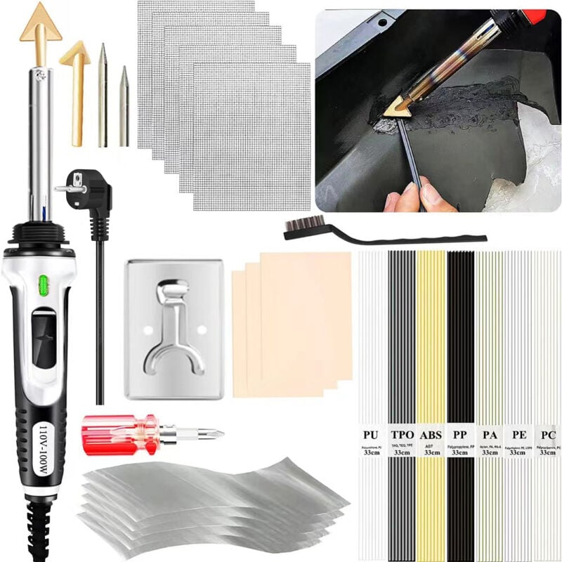 Kit de soudage plastique 100 W, soudeur plastique 2 en 1 et fer à souder, fer à souder à température réglable à 3 vitesses pour réparation de