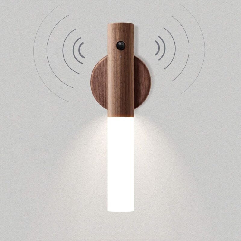 Luminaire Applique Murale Bois Batterie led Veilleuse Enfant Sans Fil Détecteur de Mouvement Portable Vintage Lampe de Placard usb Rechargeable Lampe