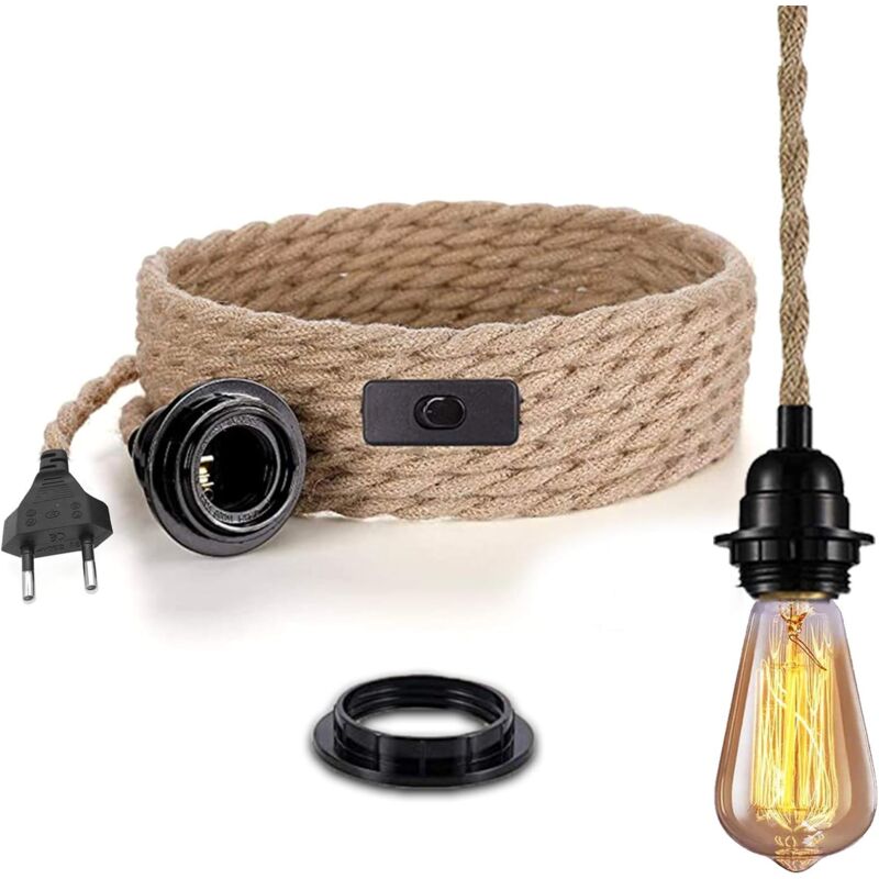 Luminaire avec interrupteur, corde de suspension vintage en lin avec prise de douille E27 torsadée de corde de chanvre de 4,5 m, cuisine, 0,75 mm²,