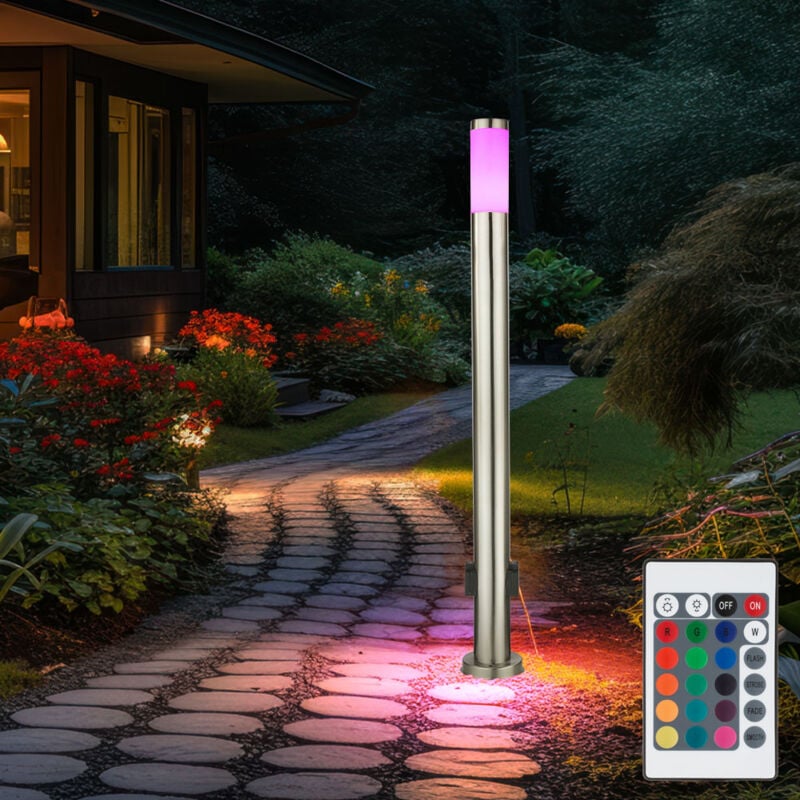 Lampe LED d'extérieur sur pied en acier inoxydable Eclairage de jardin Distributeur de courant Prise DIMMER incl. TÉLÉCOMMANDE