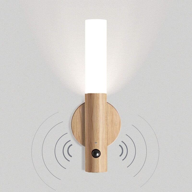 Luminaire led Applique Murale en Bois Batterie Vintage Lampe Murale Détecteur de Mouvement usb Rechargeable Stailles Sans Fil Lampe de Nuit