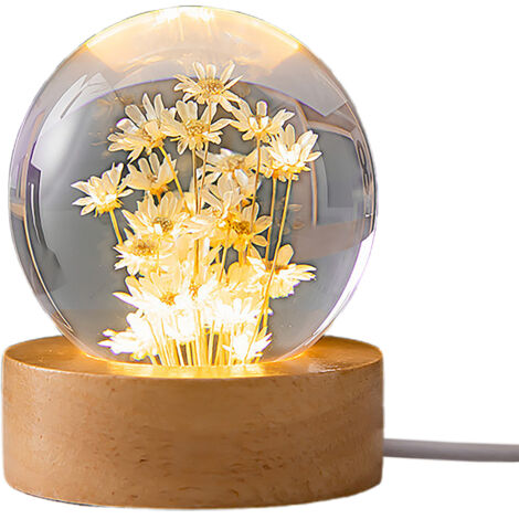 Luminaire LED USB à Boule avec Fleur de Pissenlit Jaune en Cristal sur Base Bois – Lampe de Nuit à Lumière Douce (6cm)