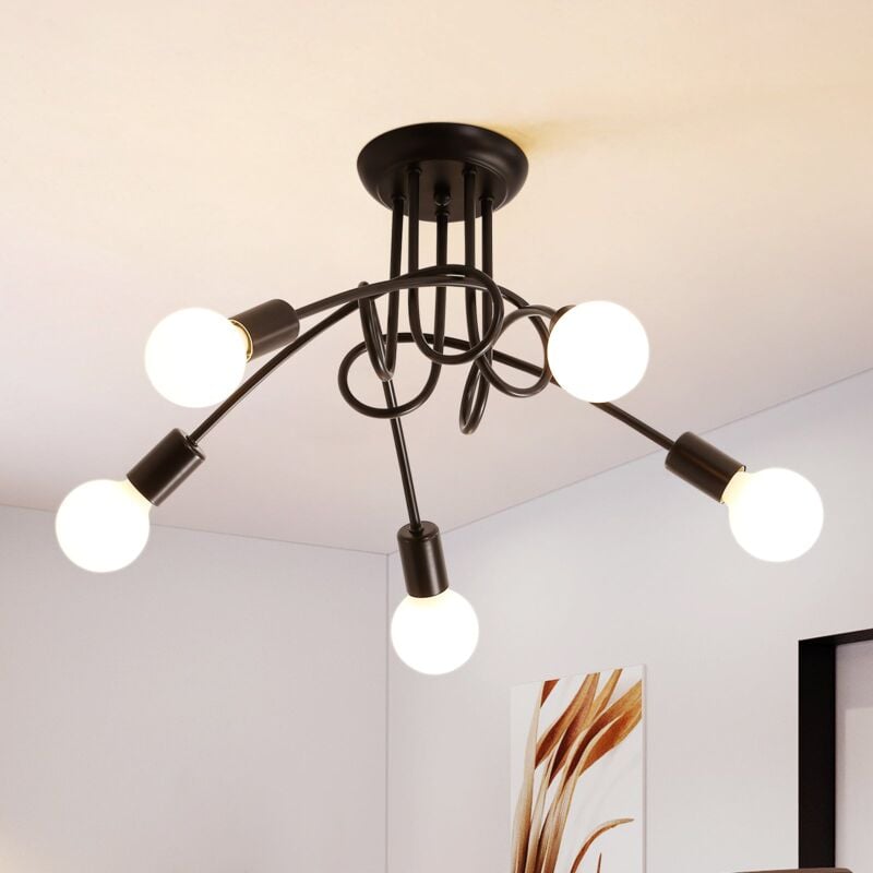 Goeco - Plafonnier Industriel, Edison 5-Lumières Metal Lustre, Rétro Plafond Éclairage, Noir Plafond Lampes, pour Salon Chambre Cuisine