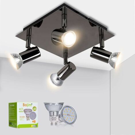 Luminaire Plafonnier LED 4 Spots Orientables Carré Moderne en Chrome Noir, 6W GU10 2800K Blanc Chaud AC220-240V IP20, Luminaire Plafond pour Salon Salle à Manger Cuisine, Ampoules Incluses [Classe éne